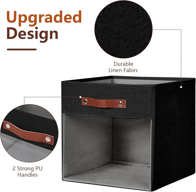 Storage Cube Organizer with Clear Window, Linen Collapsible Storage Boxes with PU Handles, Cube Storage Bins for Shelf, Closet, Cabinet, Bookcase (13x13x13, Black)-NeatNest
