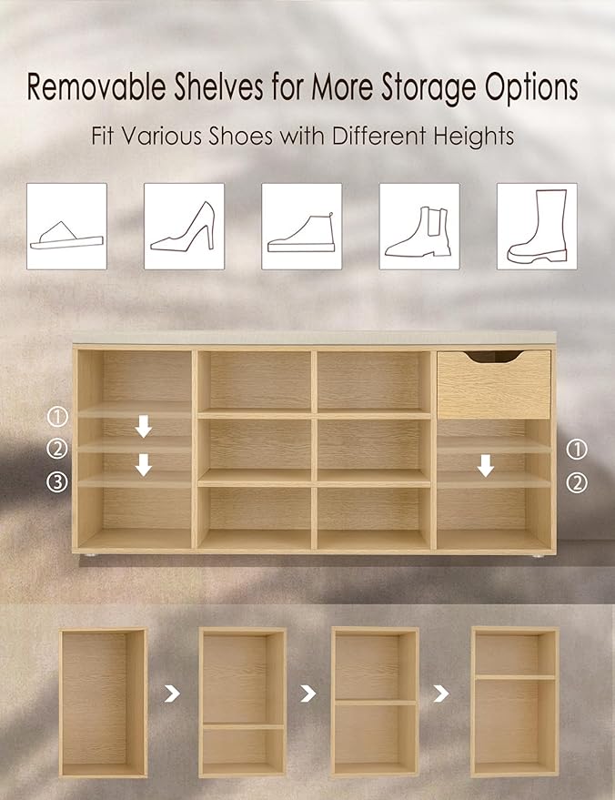DINZI LVJ Shoe Storage Bench with Cushion, 11- Cubby Entryway Bench with Drawer and Adjustable Shelves, 40.9" Long Cubby Shoe Rack for Living Room, Bedroom, Mudroom, Natural and Cappuccino Beige-NeatNest