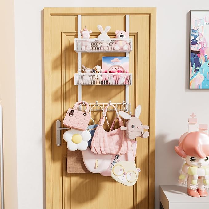 Consumest Over The Door Organizer Hooks, Door Hanger with 9 Coat Hooks & 2 Mesh Basket, Rustproof Back Storage Organizer for Bathroom, Kitchen, Bedroom-White (for 1.76in Doors)