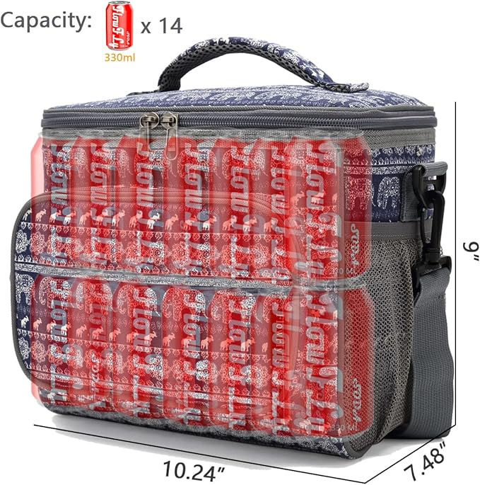 FlowFly Insulated Reusable Lunch Bag Adult Large Lunch Box for Women and Men with Adjustable Shoulder Strap,Front Zipper Pocket and Dual Large Mesh Side Pockets,Elephant-NeatNest