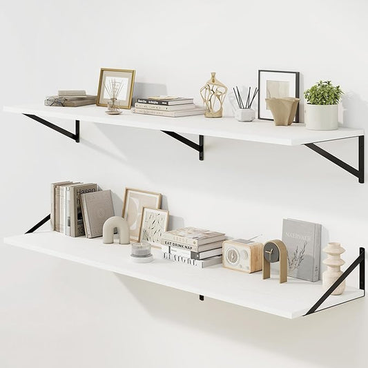 Fun Memories Floating Shelves for Wall, 12 Inch Deep Floating Shelves Set of 2, 55W x 12D Large Wall Shelf with Sturdy Metal Brackets for Living Room, Bathroom, Bedroom and Kitchen, White-NeatNest