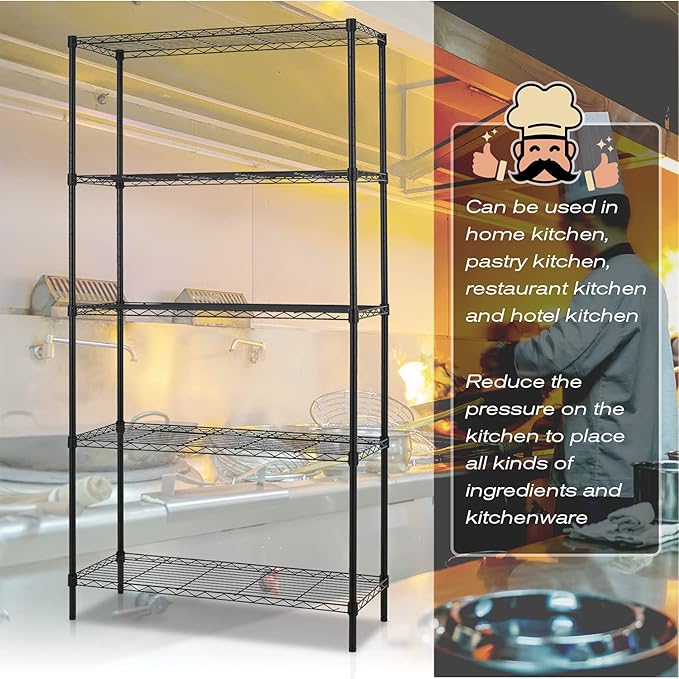 5-Tier Wire Shelving Unit Storage Shelves Metal Shelves Heavy Duty Metal Storage Rack NSF Height Adjustable for Home Kitchen Bathroom Garage Pantry Organization(Black)