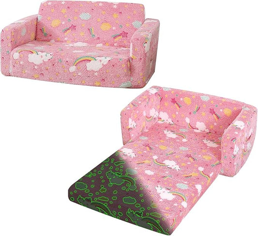 Foldable Kids Sofa Extra Wide for 2 Seats, Soft Kids Fold Out Couch Glow in The Dark,Convertible Sofa to Lounger Toddler Sofa Chair(Rainbow)-NeatNest