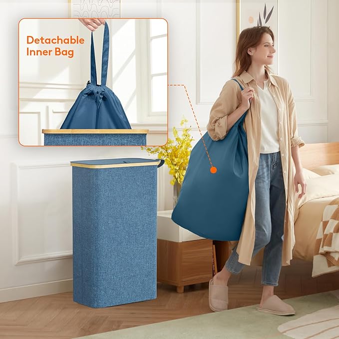 Lifewit 75L Slim Laundry Hamper with Lid, Narrow Laundry Basket with Removable Bag & Bamboo Handles, Fodable Thin Dirty Clothes Hamper for Laundry Collapsible Bin for Bathroom Bedroom Dorm, Dark Blue-NeatNest
