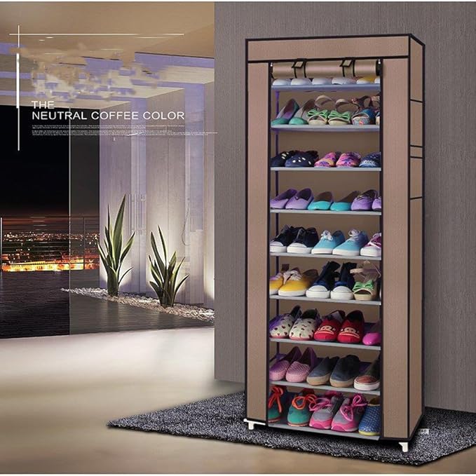 10 Tiers Shoe Rack with Dustproof Cover 27 Pair Shoe Tower Stand Sturdy Shelf Storage Organizer Cabinet Perfect for Bedroom, Closet, Entryway, Dorm Room (Coffee)-NeatNest