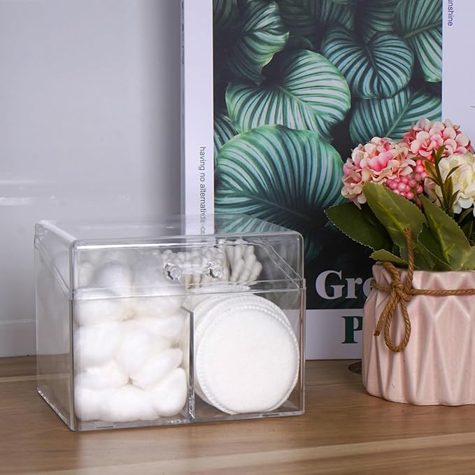 Cotton Swab Holder Dispenser with Lid, Square Plastic Box with 2 Compartments for Cotton Ball, Cotton Pads, Floss, Clear Container for Vanity Bathroom Organizer Storage-NeatNest
