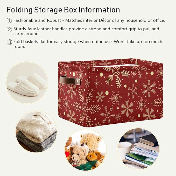 Bolaz Christmas Snowflakes on Dark Red Storage Basket,Large Storage Bin Fabric Collapsible Organizer Bag with Handles 15x11x9.5 inch-NeatNest