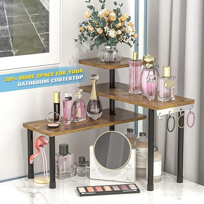 JayRex Countertop Organizer Organization, 3 Tier Moveable Corner Shelf Organizer for Kitchen, Bathroom, Spice Rack, Coffee Area, Over Sink, Dresser Table (Rustic Brown)-NeatNest