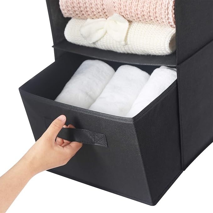 MAX Houser 4-Shelf Hanging Closet Organizer, Space Saver, Cloth Hanging Shelves with 2 Side Pockets, Foldable (Black)-NeatNest