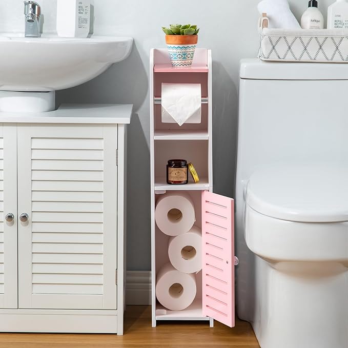 AOJEZOR Toilet Paper Holder Stand: Small Bathroom Storage Cabinet - Jelly Pink - White-NeatNest