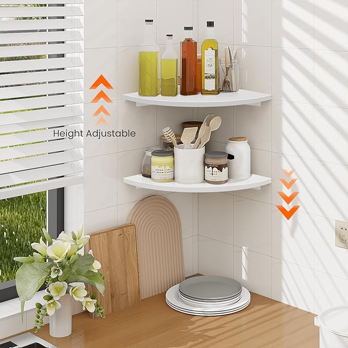 Homode Corner Wall Shelf, 12 in Wide Rounded Corner Shelf Floating, Set of 2 Wooden Hanging Corner Shelves with Wire Hole for Bathroom Living Room Office, White