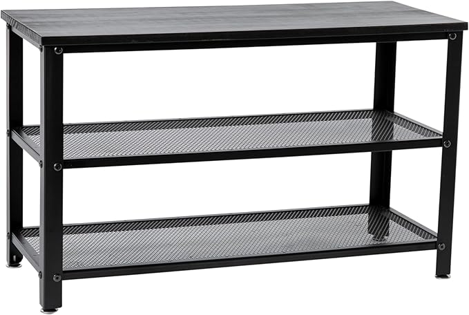 HBCY Creations Blackwash Solid Pine Wood 3-Tier Entryway Shoe Rack Bench with Metal Mesh Shelves, for Entryway, Mudroom, or Bedroom, and More!-NeatNest