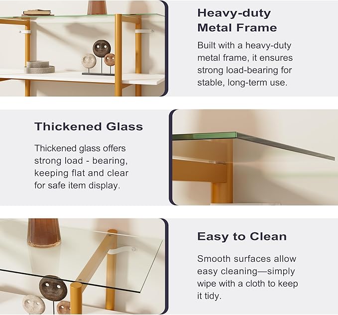 Glass Sofa Table, Mid-Century Modern Entryway Table with Tempered Glass & Golden Legs, 2-Tier Behind Couch Table for Living Room Hallway Entrance, White-NeatNest