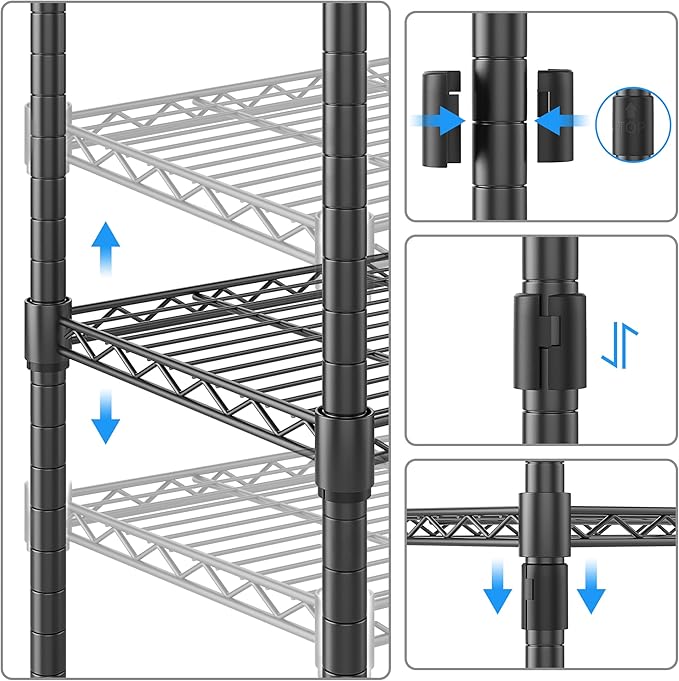 Homdox 5 Tier Metal Storage Shelves with Wheels, Heavy Duty Wire Shelving Unit, Adjustable Storage Racks with Side Hooks for Bathroom Kitchen Garage Pantry Organization, Black-NeatNest