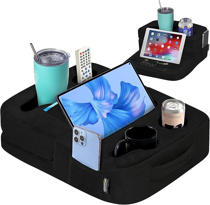 Couch Cup Holder Tray Pillow - Bed, Couch Caddy, Sofa, RV & Car - Holds Drinks, Snacks, Remotes, Phones, Kindle, Tablet | Bed Cup Holder (Black)-NeatNest