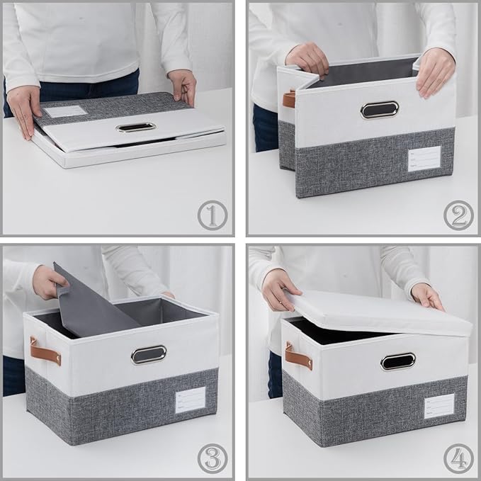 PRANDOM Foldable Storage Bins with Lids [3-Pack] Fabric Collapsible Storage Boxes Baskets Cubes Containers with Handles for Closet Living Room Bedroom (Grey & White 14.9x9.8x9.8'')-NeatNest