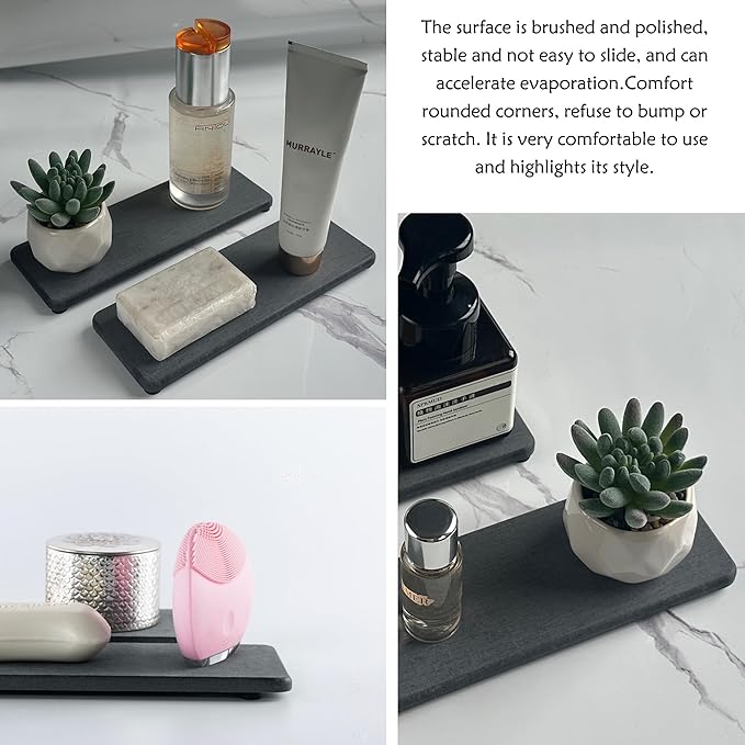 2 Pcs Water Absorbing Stone Trays, Kitchen/Bathroom Sink Soap Dish, Diatomite Tray Used for Hand Soap & Cosmetic Bottles in The Modern Home, 3.15" W x 8.7" L, Dark Gray-NeatNest