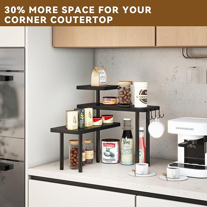 IBUYKE Countertop Organizer,3-Tier Spice Racks,Kitchen Counter Corner Shelf,4 Side Hooks,Adjustable Countertop Shelf for Kitchen, Bathroom, Coffee Bar, Cabinet, Desk,Black,TLJ023B-NeatNest