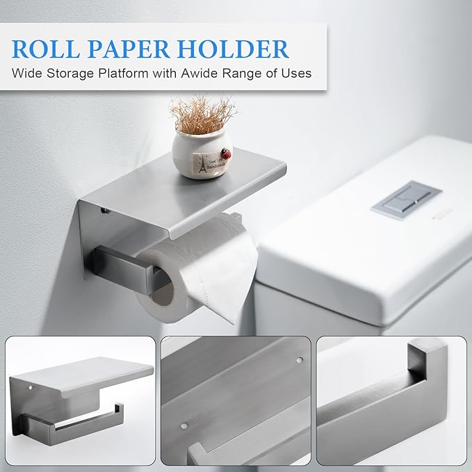 Brushed Nickel Bathroom Towel Bar Set Bathroom Accessories Hardware Set Including Double Towel Bar Towel Ring Coat Hook and Toilet Paper Holder with Shelf. Wall Mounted Stainless Steel-NeatNest