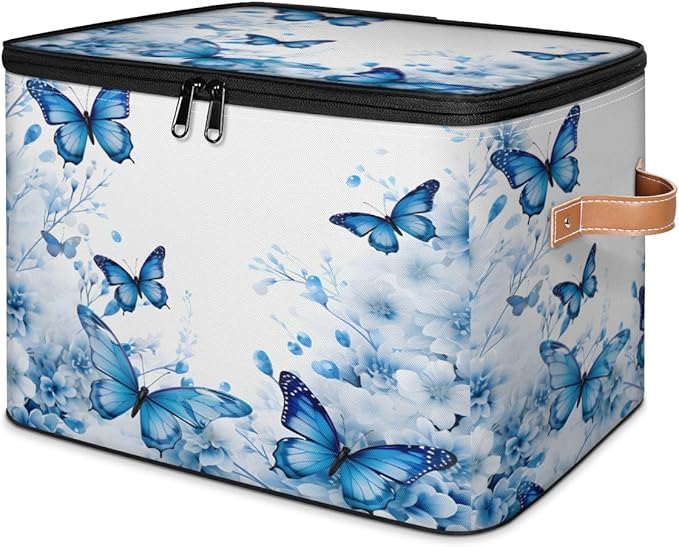 Blue Butterfly Storage Bins with Zipper Lid, Spring Floral Lidded Storage Baskets Boxes Foldable Organizer with Leather Handles for Clothes Closet Shelf Toys-NeatNest