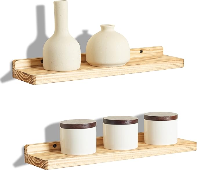 Freezing point Floating Shelves for Wall Set of 2 Natural Wood 16Inch Wall Shelf Decor Plant Display Collectibles Mounted Kitchen Bathroom Bedroom Corner Decorative Storage Stand Carbonized-NeatNest