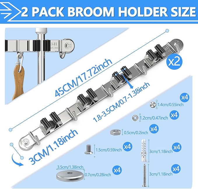 3-H Magnetic Broom Holder Wall Mounted 2 Pack, Strong Magnetic Broom Hooks 17 Inch, Heavy Duty Magnet Broom Organizer Wall Mounted, Utility Storage Tools Rack for Home Kitchen Workshop Laundry Garage
