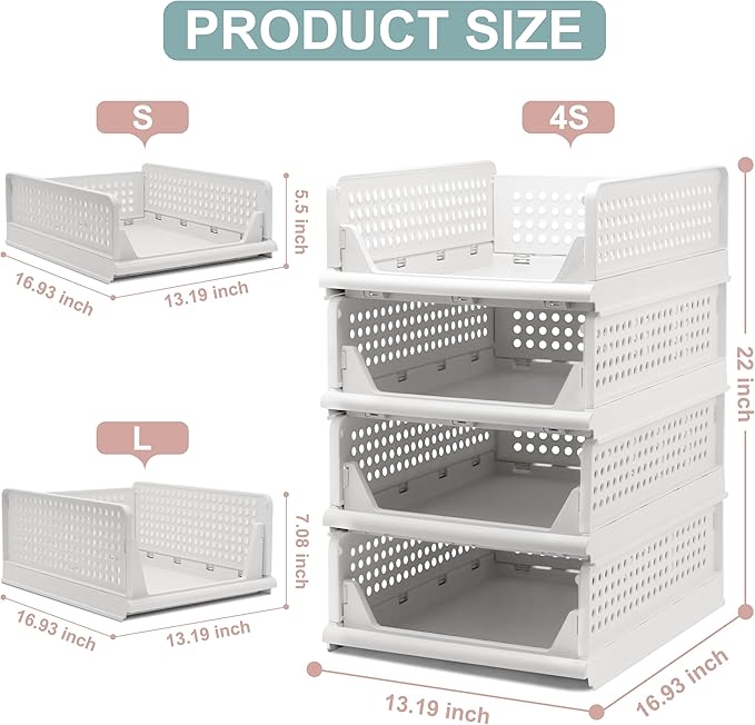 Stackable Foldable Storage Baskets, Folding Storage Bins, Closet Organizers and Plastic Drawer Shelf Storage Container for Wardrobe, Cupboard, Kitchen, Bathroom, Office (White, 4S)