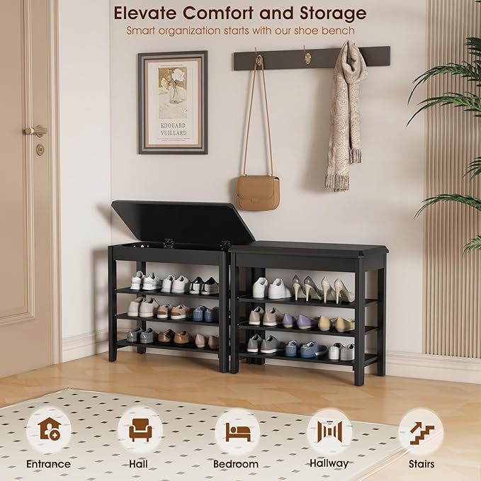 Shoe Rack Bench Seat Rubberwood 3-Tier Wooden Storage Bench 550lbs Compact Mid-Century Modern Design for Entryway, Hallway, Closet, Front Door Entrance, Foyer-NeatNest