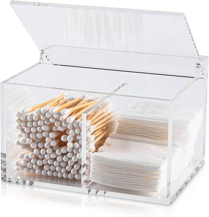 Clear Acrylic Cotton Swab Ball Holder Qtip Organizer with Lid 2-Grid Canister for Make Up Pads, Floss Picks, Vanity Storage,Bath Salts, Cosmetics, Home Bathroom Decor (DP004)-NeatNest