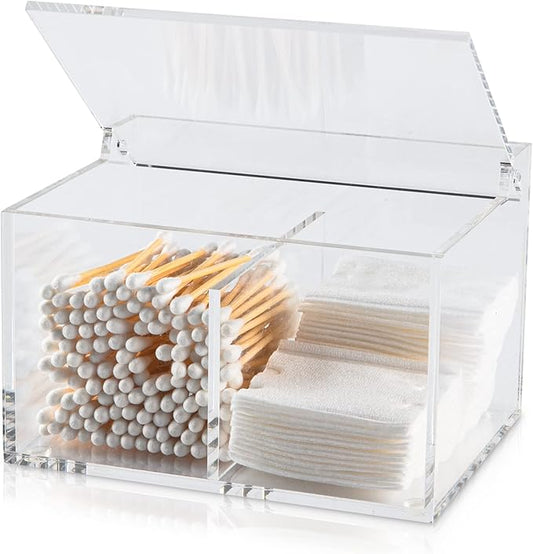 Clear Acrylic Cotton Swab Ball Holder Qtip Organizer with Lid 2-Grid Canister for Make Up Pads, Floss Picks, Vanity Storage,Bath Salts, Cosmetics, Home Bathroom Decor (DP004)-NeatNest