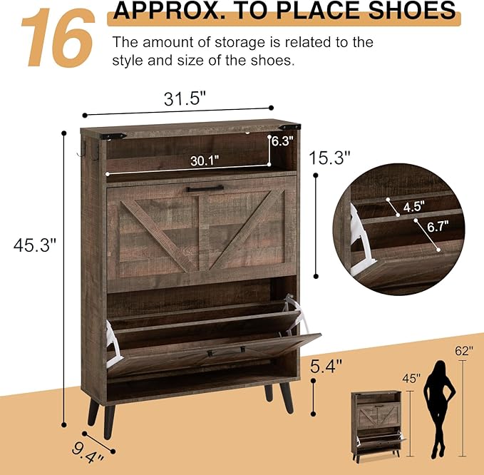 Shoe Storage Cabinet,Farmhouse Shoes Organizer with 2 Flip Drawers & Barn Door Design,Freestanding Hidden Slim Narrow Shoe Rack Cabinet with Open Shelves for Entryway,Hallway,Rustic Brown-NeatNest