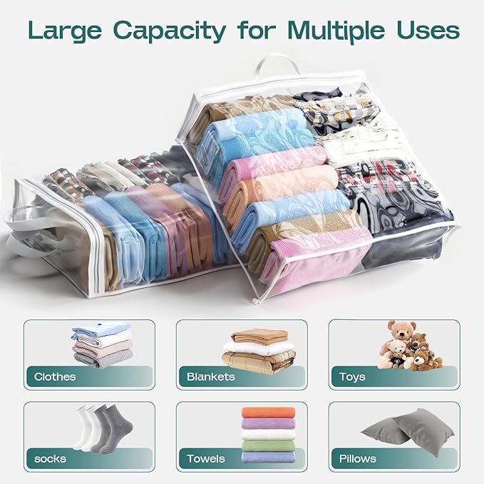 10PACK Clear Zippered Storage Bags for Clothes, 22L Closet Organizers Bag, and Blanket Storage Bags for Bedding, Linen, Blankets, Comforters, Clothing & Toys (White)-NeatNest