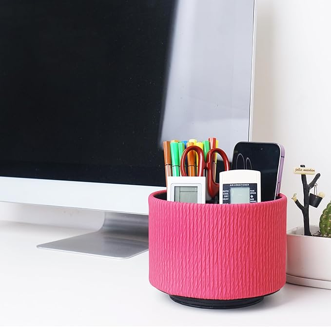 Hennaja Round Leather Art Supply Organizer,Remote Control Holder,360 Degree Spinning,Multi-Functional Pencil Holder,4 Compartments Desktop Stationary Organizer(1-Vertical Wood Red)-NeatNest