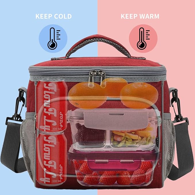 FlowFly Insulated Reusable Lunch Bag Adult Large Lunch Box for Women and Men with Adjustable Shoulder Strap,Front Zipper Pocket and Dual Large Mesh Side Pockets,Red-NeatNest