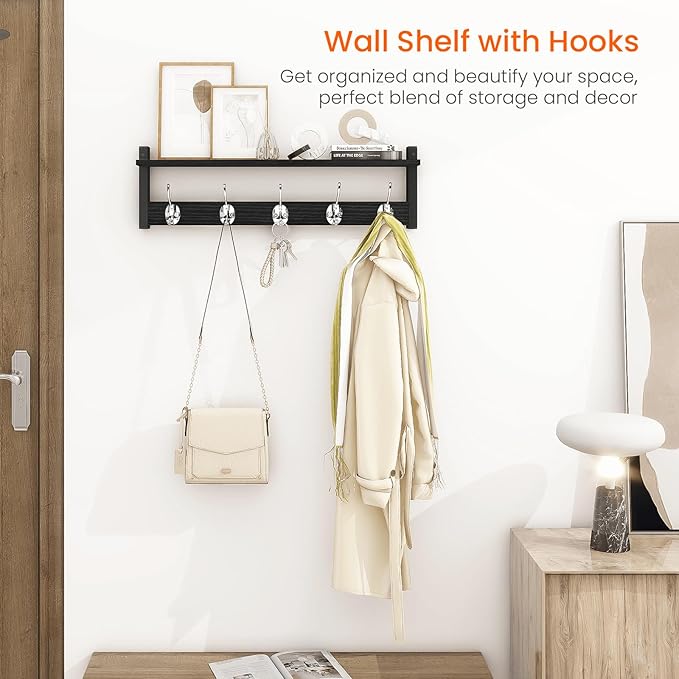 Homode Coat Rack Wall Mount with Shelf, 24" Long Entryway Shelf with Hooks Underneath, Wooden Coat Hanger for Hanging Hats, Bathroom Towels, Clothes, Black