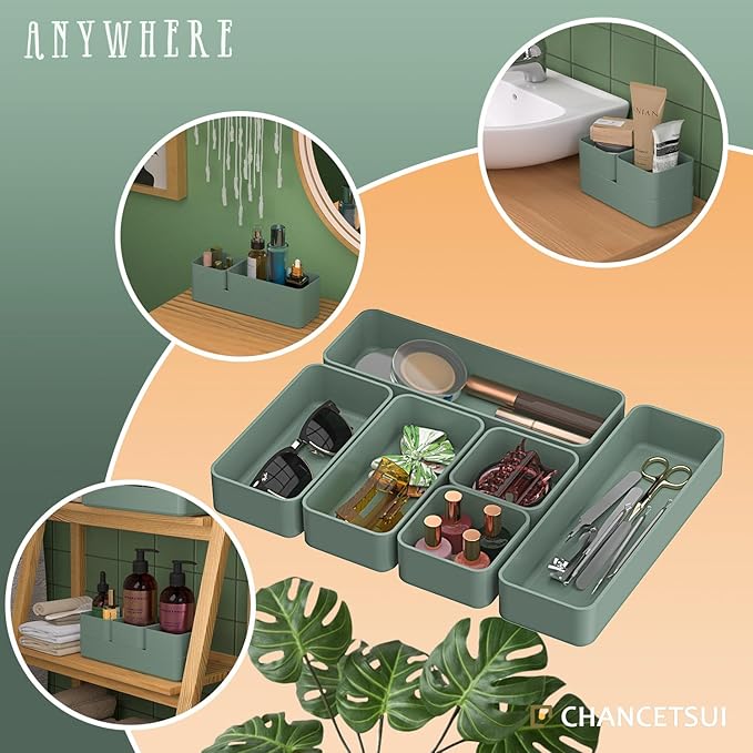 CHANCETSUI 6 PCS Stackable Drawer Organizers Set, Versatile Desk and Vanity Drawer Organizer Trays, Storage Bins for Makeup, Bathroom, Bedroom, Kitchen and Office, Green-NeatNest