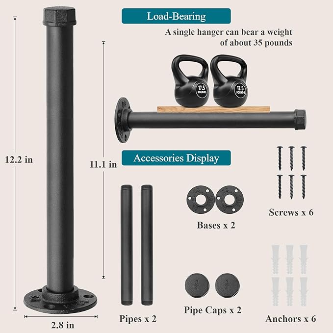 Cast Iron Wall Mounted Clothes Rack, Heavy Duty Industrial Pipe Clothing Rack for Hanging Clothes, Garment Racks for Wardrobe Organizers and Storage, DIY Closet Rods Closet Bar (Black 2 Pack, 12 in)-NeatNest