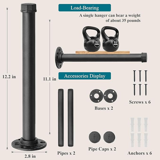 Cast Iron Wall Mounted Clothes Rack, Heavy Duty Industrial Pipe Clothing Rack for Hanging Clothes, Garment Racks for Wardrobe Organizers and Storage, DIY Closet Rods Closet Bar (Black 2 Pack, 12 in)-NeatNest