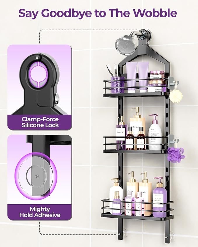 ODesign 3 Tier Height-Adjustable Shower Caddy Hanging Hanger Anti-Swing-Over The Shower Head Caddy-Shower Storage Organizer Bathroom Shelves Basket Shower Caddies-Black,11.9" x 4.84" x 36.2"