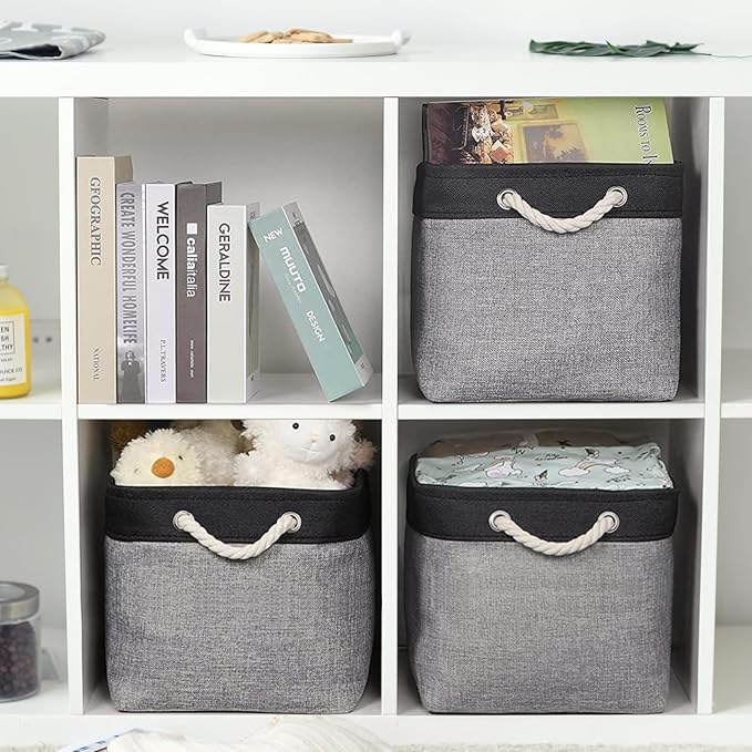 TheWarmHome Storage Basket for Organizing - 16x12x12 inch Cube Storage bin 3 Pack Fabric Storage Cubes, Collapsible Storage Box for Organizer Cloth Gift Toy Closet (Black & Grey)-NeatNest