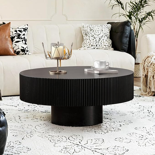 Handmade Round Grooved Drum-Shaped Coffee Table、Rustic Modern Circular Centerpiece for Living Room & Farmhouse Decor、Easy to Clean (B Black 30.9in)
