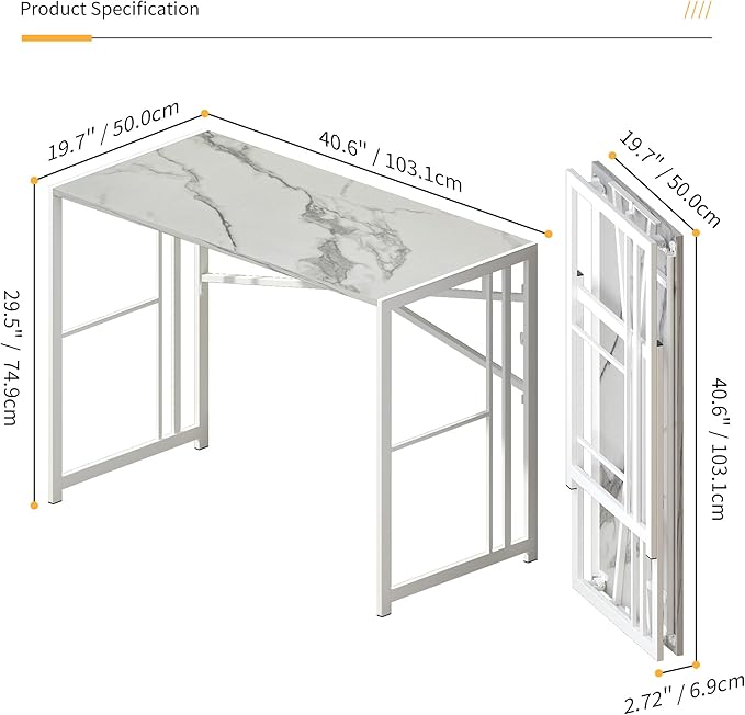 Folding Computer Desk 40 inch Writing Gaming Computer Camping Desk, No Assembly Required Home Office Table, White Marble-NeatNest