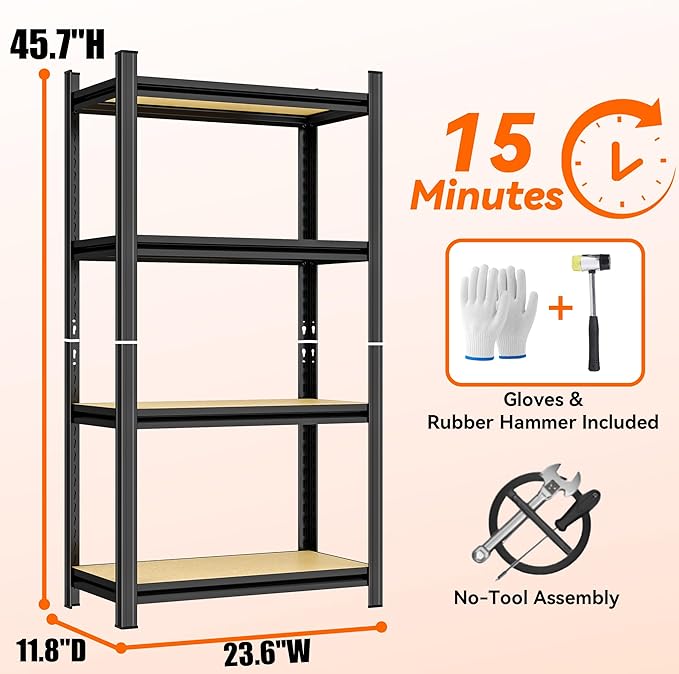 Garage Shelving, 4-Tier Adjustable Storage Shelves, Metal & Wood Pantry Shelf Organizer, Modern Garage Shelving Unit, Utility Storage, (Wood 45.7" H x 23.6" W x 11.8D)-NeatNest