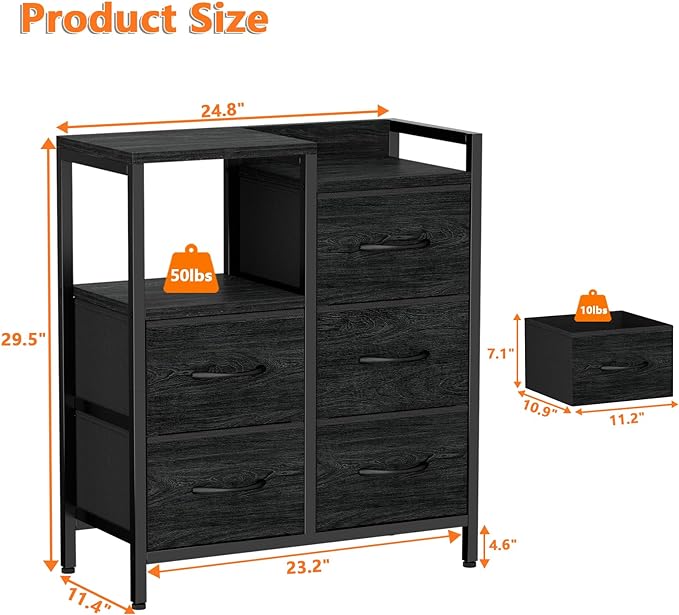 Furnulem 5 Drawer Black Dressers for Bedroom 2 Tier Shelf Storage Small Fabric Dresser for Closet Sturdy Metal Frame Modern Style Storage Cabinets Organization Units for Hallway Rooms-NeatNest