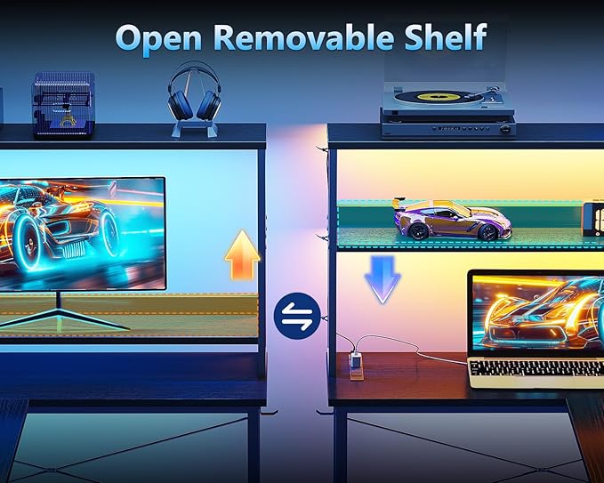 Casaottima Gaming Desk with Power Outlets & LED Lights, 43 Inch Reversible L Shaped Computer Desk with Shelves & Storage Bag, Corner Desk for Home Office, Black-NeatNest