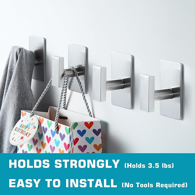 (4-Pack) Adhesive Towel Hooks Stainless Steel, Square Adhesive Wall Hooks for Bathroom Kitchen Hanging Towels, Coats, Clothes (Brushed Nickel)