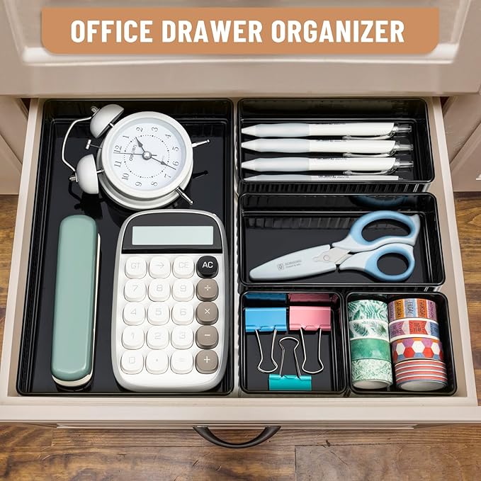 6 PCS Black Drawer Organizer Set 3-Size, Makeup Organizer,Versatile Desk and Vanity Drawer Organizer Trays, Storage Bins for Bedroom, Kitchen，Bathroom-NeatNest