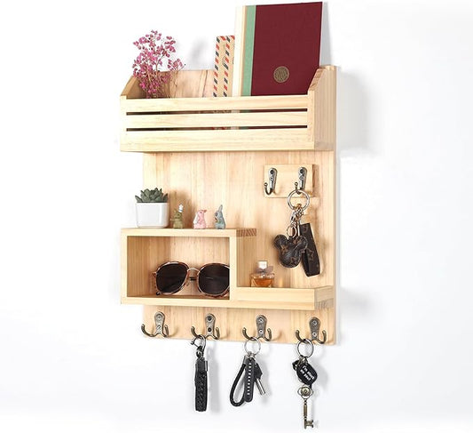 DOPACE Key Holder for Wall, Wall Mounted Mail Organizer with 6 Key Hooks for Sunglasses Storage and Dog Leash Hanger, Natural Color