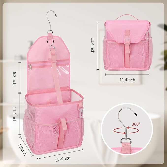 Pink Hanging Mesh Shower Caddy Portable for College Dorm Room Essentials, Large Capacity Shower Bag for Guys/Girls, for Beach, Swimming, Gym