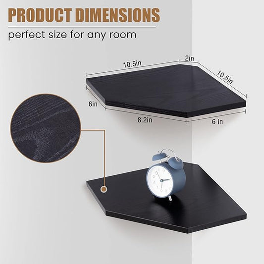 Corner Shelf Wall Mount, Floating Corner Shelves, Set of 2 Corner Wall Shelf Organizer, Rustic Wood Wall Storage Display Shelves for Living Room Bedroom Bathroom Kitchen, Classic Black-NeatNest